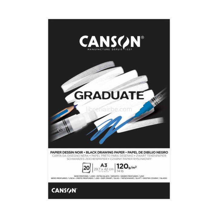 Canson Graduate Black Bloc Encolado de 20 Hojas A3 - 120g - Grano Fino - Color Negro