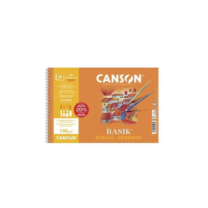 Canson Basik Bloc de Dibujo Espiral 20 Hojas A4+ 130g - Con Recuadro - Medidas 23x32.5cm - Color Blanco