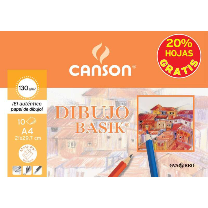 Canson Minipack de 10 Hojas de Dibujo Basik Liso 21x29.7 130g - 20% Hojas Gratis - Color Blanco
