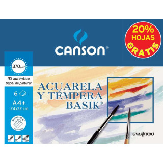 Canson Minipack de 6 Hojas Acuarela Basik 24x32 370g - 20% Hojas Gratis - Color Blanco