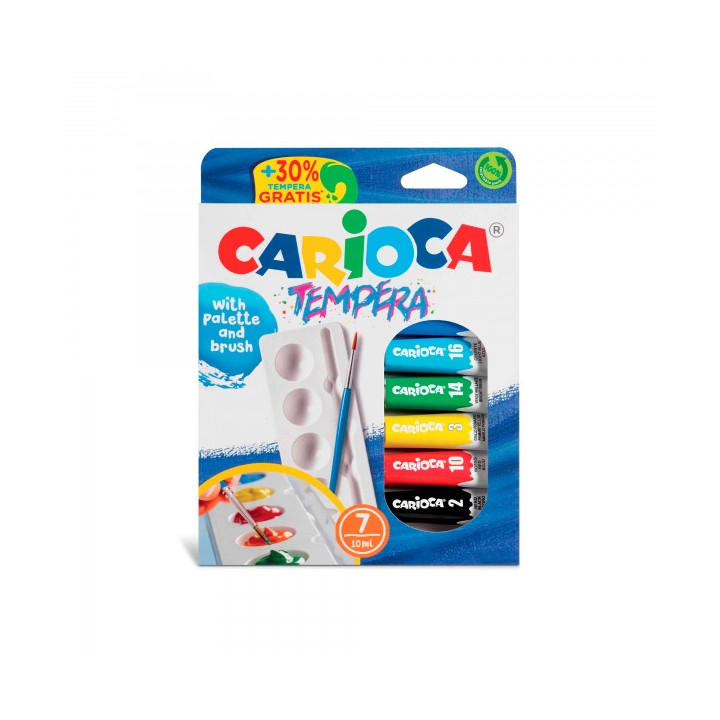 Carioca Pack de 7 Tubitos de Tempera 10ml + Pincel y Paleta - Alto Poder Cubriente - Aplicable en Materiales Porosos - Colores