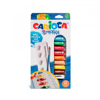 Carioca Pack de 12 Tubitos de Tempera 10ml + Pincel y Paleta - Alto Poder Cubriente - Aplicable en Materiales Porosos - Colores
