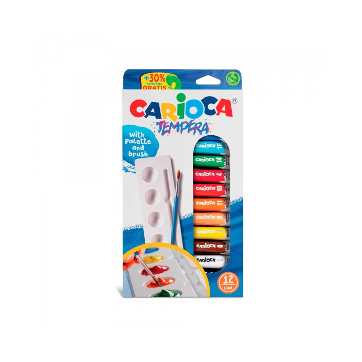Carioca Pack de 12 Tubitos de Tempera 10ml + Pincel y Paleta - Alto Poder Cubriente - Aplicable en Materiales Porosos - Colores