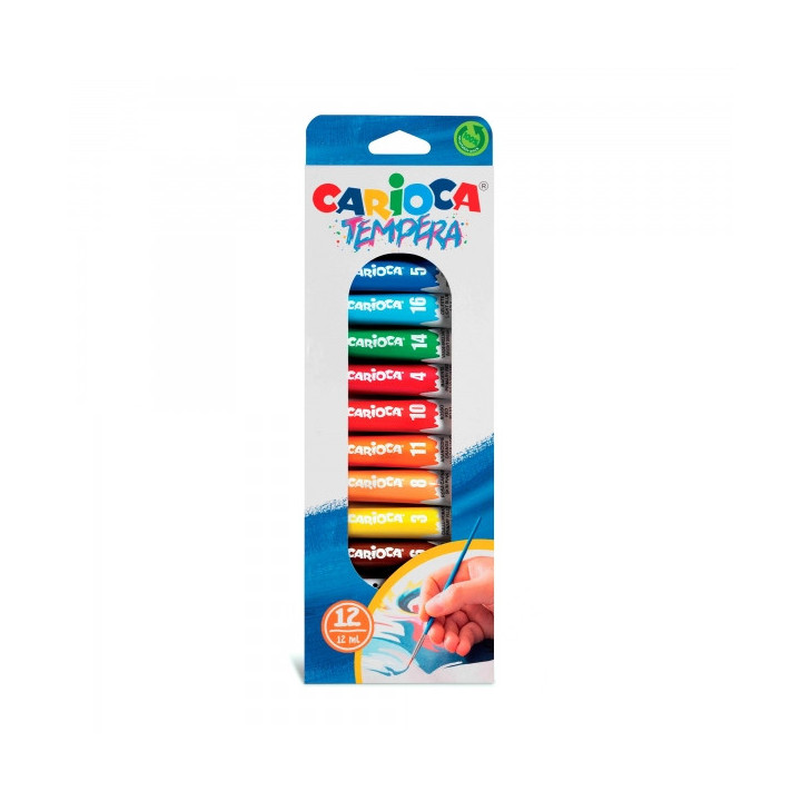 Carioca Pack de 12 Tubitos de Tempera 12ml - Colores Superlavables - Alto Poder Cubriente - Aplicable en Materiales Porosos - C