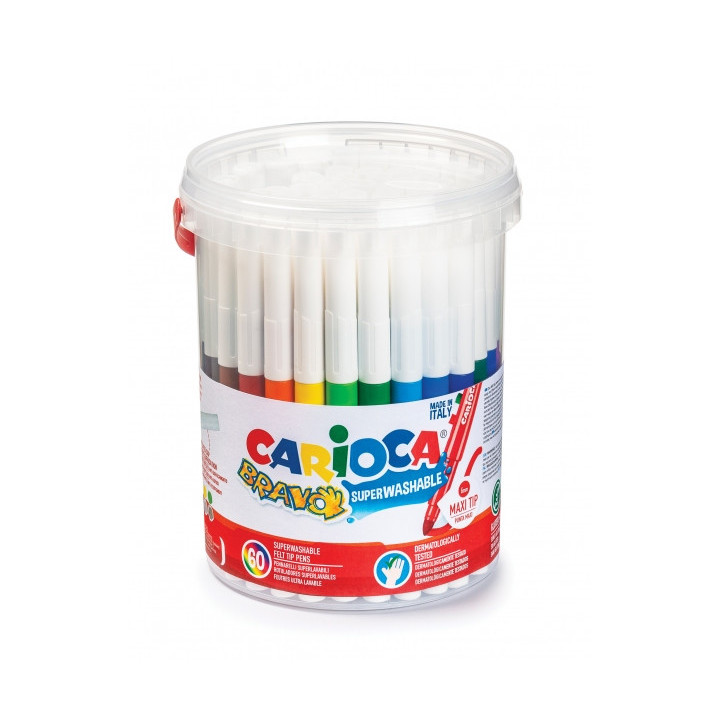 Carioca Bravo Pack de 60 Rotuladores - Cuerpo Octogonal Maxi - Tinta Superlavable - Punta Maxi 6mm Bloqueada - Tapa Ventilada -