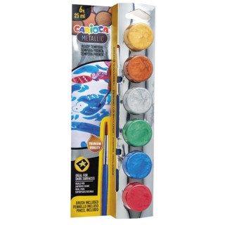 Carioca Metallic Pack de 6 Temperas en Botes de 25ml + Pincel - Superlavables - Mezclables - Colores Metallic Surtidos