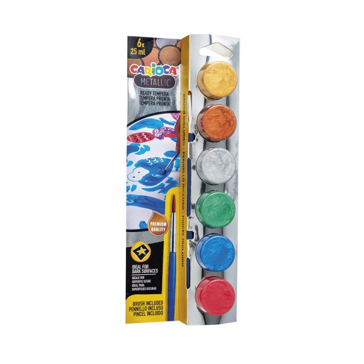 Carioca Metallic Pack de 6 Temperas en Botes de 25ml + Pincel - Superlavables - Mezclables - Colores Metallic Surtidos