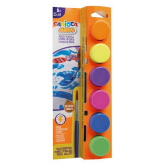 Carioca Neon Pack de 6 Temperas en Botes de 25ml + Pincel - Superlavables - Mezclables - Colores Neon Surtidos