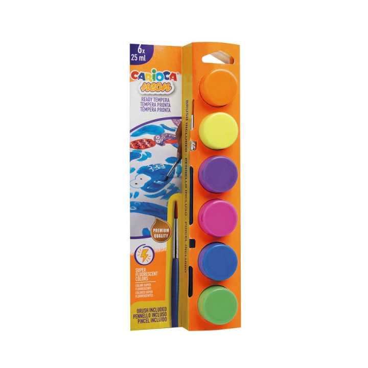 Carioca Neon Pack de 6 Temperas en Botes de 25ml + Pincel - Superlavables - Mezclables - Colores Neon Surtidos