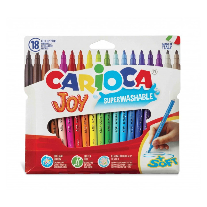 Carioca Joy Pack de 18 Rotuladores - Tinta Superlavable - Punta Fina 2.8mm - Bloqueada - Tapa Ventilada - Color Varios