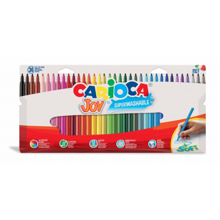 Carioca Joy Superlavable Pack de 36 Rotuladores - Punta Fina 2.8mm - Punta Bloqueada - Tapa Ventilada - Colores Surtidos