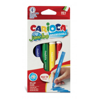 Carioca Pack de 6 Rotuladores Jumbo - Cuerpo Octogonal Maxi - Tinta Superlavable - Punta Maxi 6mm Bloqueada - Tapa Ventilada -