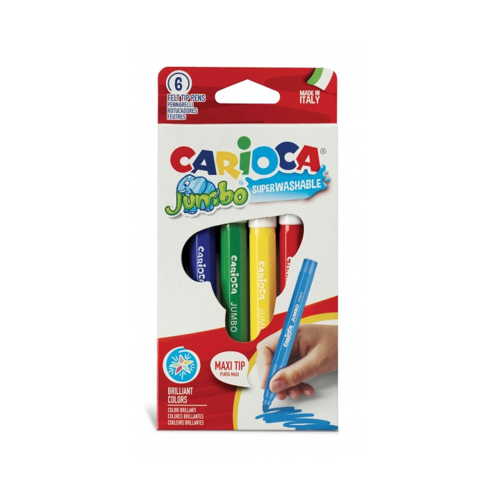 Carioca Pack de 6 Rotuladores Jumbo - Cuerpo Octogonal Maxi - Tinta Superlavable - Punta Maxi 6mm Bloqueada - Tapa Ventilada -