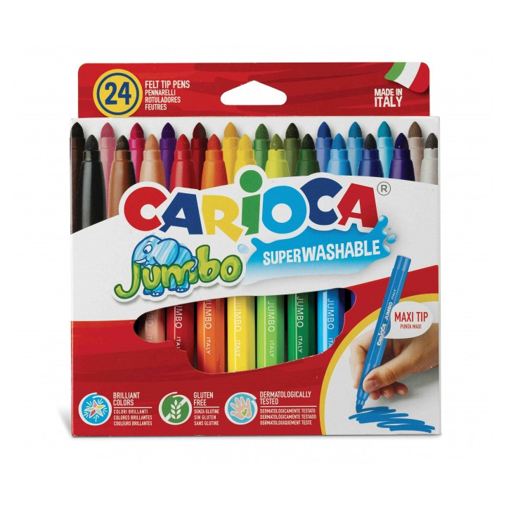 Carioca Jumbo Pack de 24 Rotuladores - Cuerpo Octogonal Maxi - Tinta Superlavable - Punta Maxi 6mm Bloqueada - Tapa Ventilada -