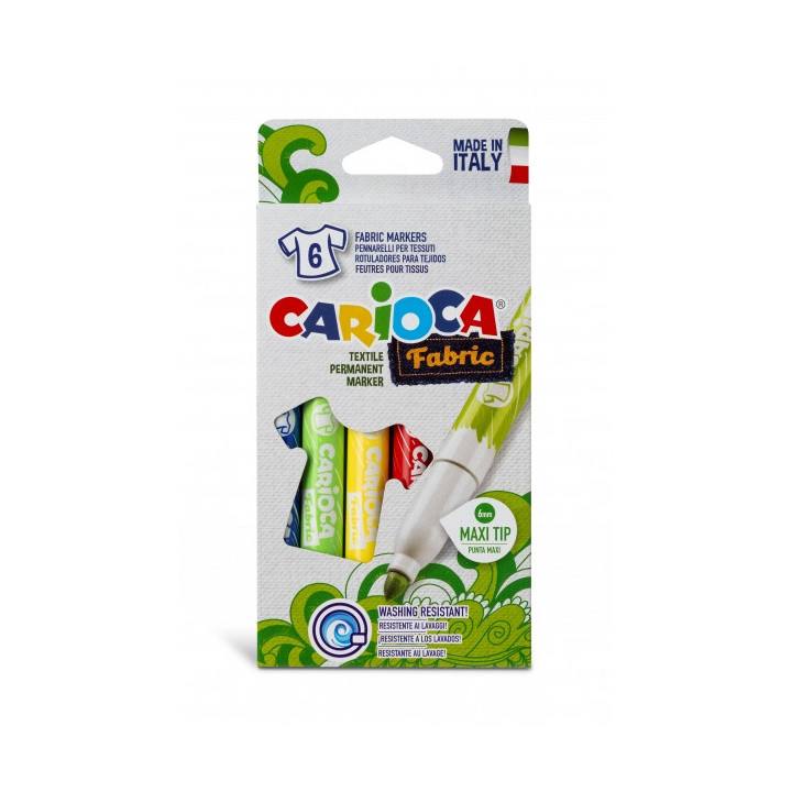 Carioca Fabric Pack de 6 Rotuladores para Tejidos - Punta Maxi Ø 6mm - Tinta Especial para Tejidos - Colores Indelebles Tras A