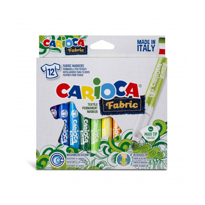 Carioca Fabric Pack de 12 Rotuladores para Tejidos - Punta Maxi Ø 6mm - Tinta Especial para Tejidos - Colores Indelebles - Pla