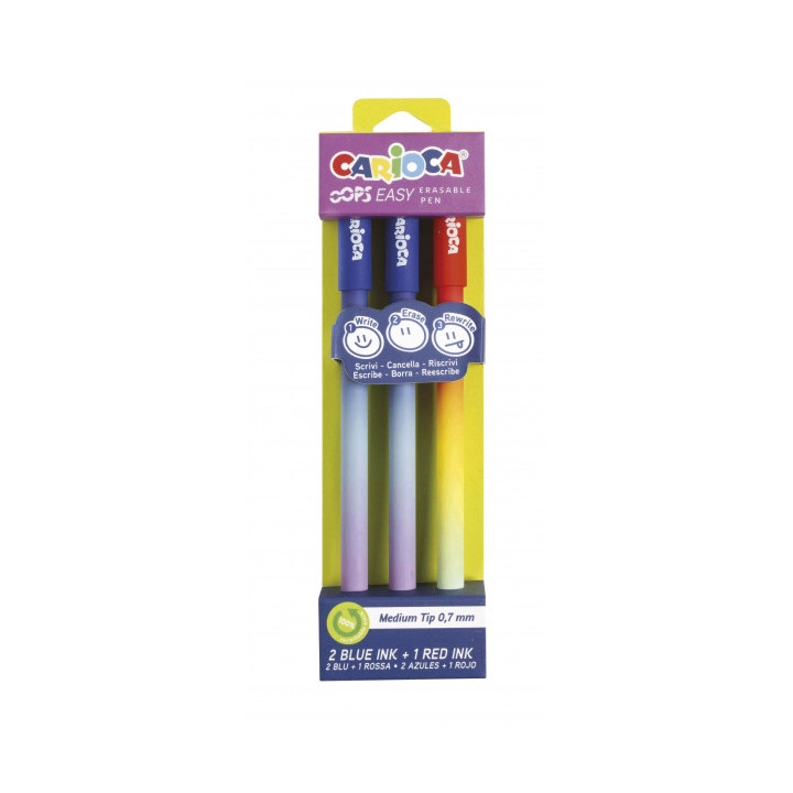 Carioca Oops Easy Pack de 3 Boligrafos Borrables con Punta de Ø 0.7mm - Tinta Termo Sensible - Cuerpo con Efecto Degradado - D