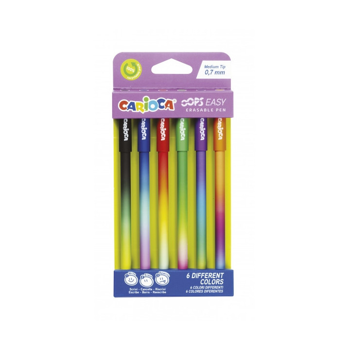 Carioca Oops Easy Pack de 6 Boligrafos Borrables con Punta de Ø 0.7mm - Tinta Termo Sensible - Cuerpo con Efecto Degradado de