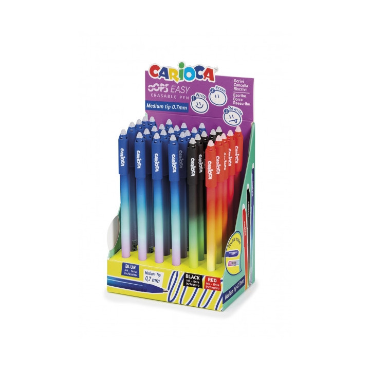 Carioca Oops Easy Expositor de 30 Boligrafos Borrables - Tinta Termo Sensible - Cuerpo con Efecto Degradado - Punta de 0.7mm -