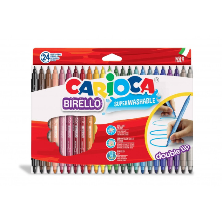 Carioca Birello Pack de 24 Rotuladores - Doble Punta Fina y Media - Tinta Superlavable No Toxica - Lavable de la Piel y Tejidos