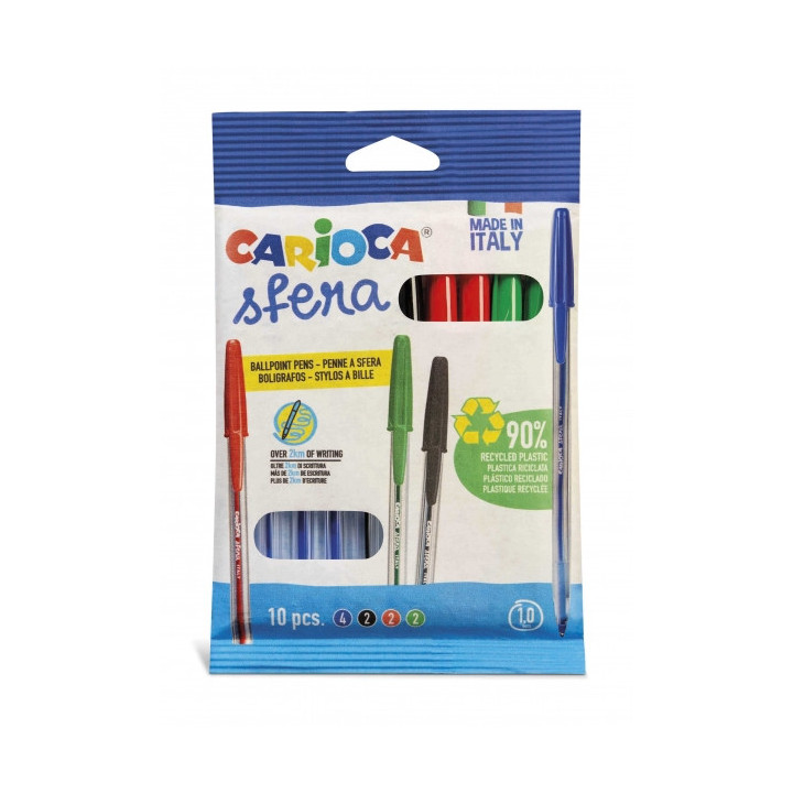 Carioca Sfera Flowpack Pack de 10 Boligrafos - Punta Ø 1mm - Capuchon y Retro del Color de la Tinta - Escritura Super Deslizan