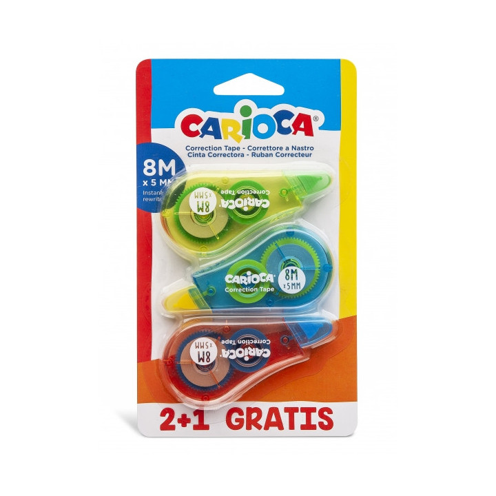 Pack Carioca Corrector de Cinta 2+1 - Cubriente - Se Puede Volver a Escribir Enseguida - Ideal para Cualquier Tipo de Papel - C