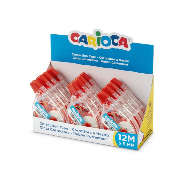Carioca Tape Expositor de 12 Correctores - 12mx5mm - Cubriente - Se Puede Volver a Escribir Enseguid - Color Blanco