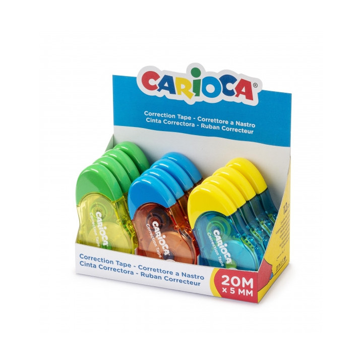 Carioca Tape Expositor de 12 Correctores de Cinta - 20mx5mm - Cubriente - Se Puede Volver a Escribir Enseguida - Ideal para Cua