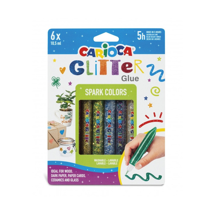 Carioca Glitter Glue Base Blister de 6 Tubitos de Cola de Color - Efecto Glitter - Aplicacion Directa - Secado en 30 Minutos -