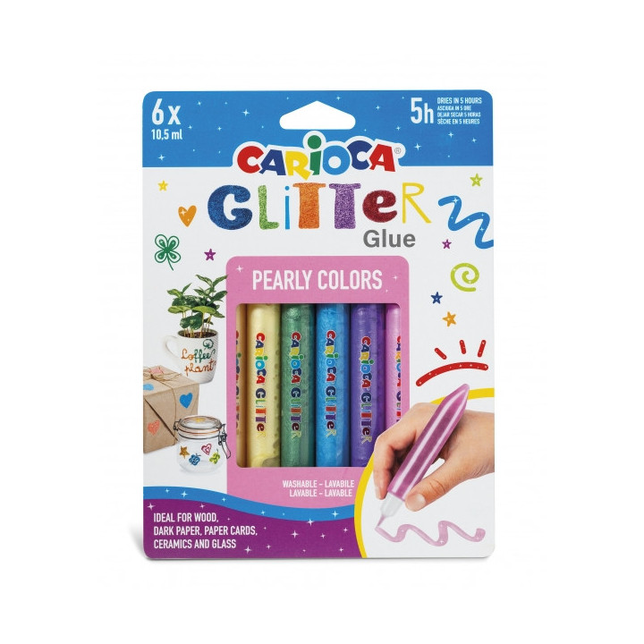 Carioca Glitter Glue Pearly Blister de 6 Tubitos de Cola de Color - Efecto Glitter - Aplicacion Directa - Secado en 30 Minutos