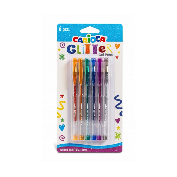 Carioca Glitter Gel Pack de 6 Boligrafos - Punta Ø 1mm - Tinta Gel Glitter - para Superficies Oscuras - Escritura Brillante y