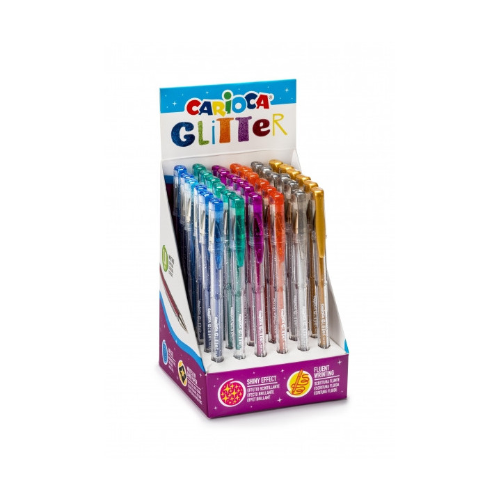 Carioca Glitter Gel Expositor de 36 Boligrafos - Punta Ø 1mm - Tinta Gel Glitter - para Superficies Oscuras - Escritura Brilla