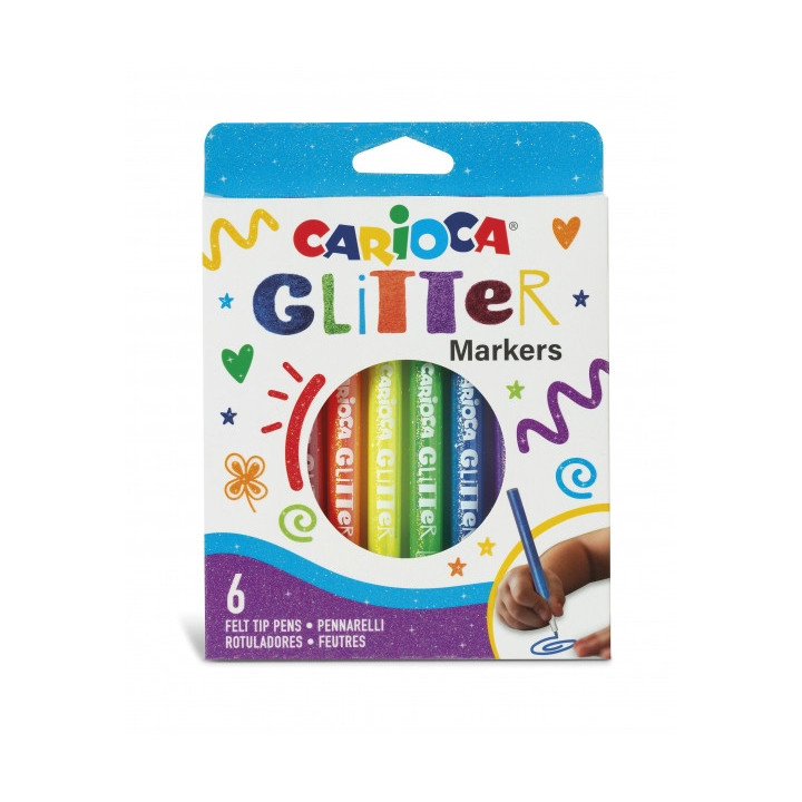 Carioca Glitter Caja 6 Rotuladores - Punta Ø 1mm - Tinta Liquida a Base de Agua - Punta de Alta Calidad - Efecto Glitter - Res