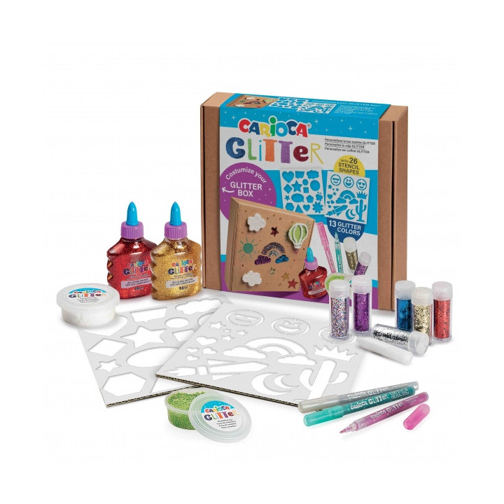 Carioca Glitter Creator Pack de 13 Productos Glitter y 26 Plantillas - 2 Botellitas de Glitter Glue - 2 Botes de Pasta de Model