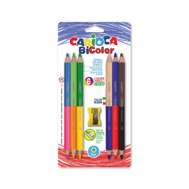 Carioca Jumbo Pack de 6 Lapices Bicolor Hexagonales Lacados - Maxi Mina de Ø 5mm - Alta Resistencia a la Rotura - Sacapuntas I