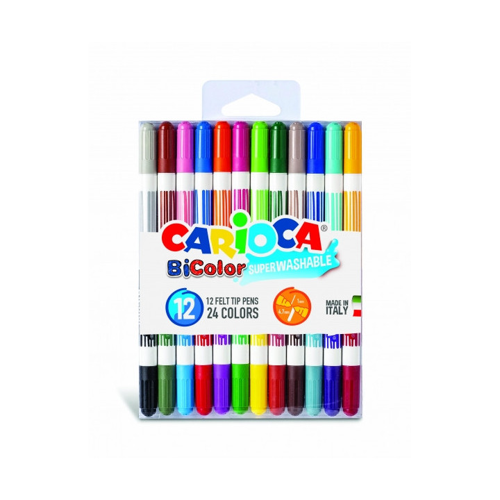 Carioca Bicolor Pack de 12 Rotuladores - Dos Colores por Rotulador - Tinta Superlavable - Punta Conica para Doble Trato de Escr