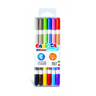 Carioca Bicolor Pack de 6 Rotuladores - Dos Colores por Rotulador - Tinta Superlavable - Punta Conica para Doble Trato de Escri