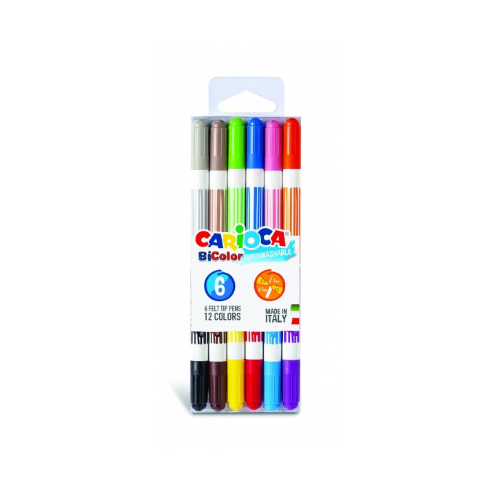 Carioca Bicolor Pack de 6 Rotuladores - Dos Colores por Rotulador - Tinta Superlavable - Punta Conica para Doble Trato de Escri