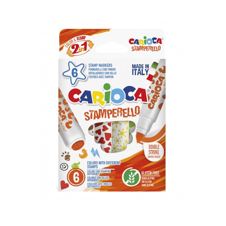 Carioca Stamperello Pack de 6 Rotuladores con Sellos - Doble Punta - 6 Colores Diferentes - Tinta Lavable Atoxica - Color Vario