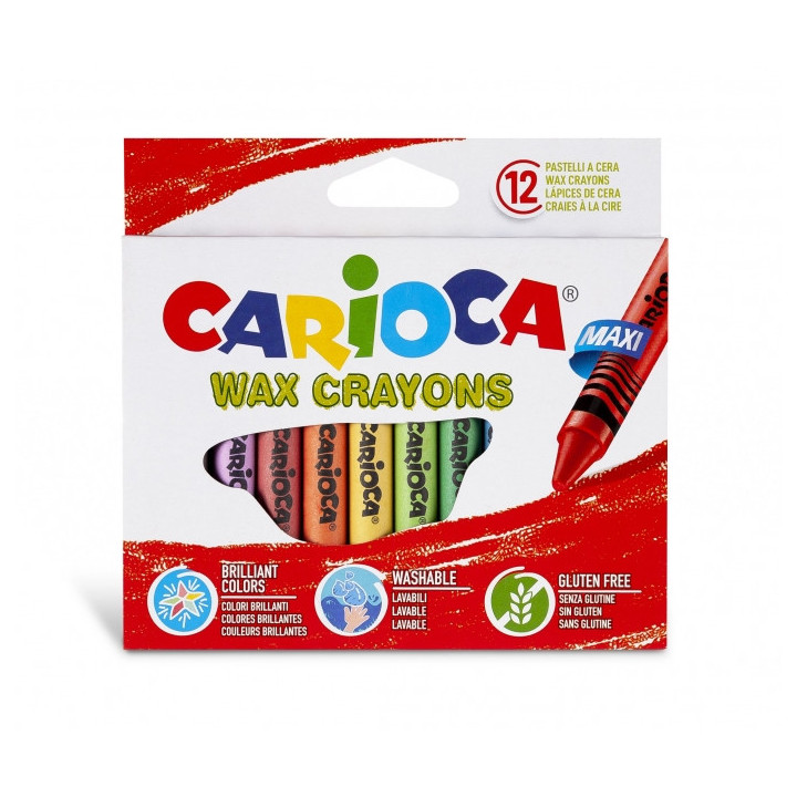 Carioca Maxi Pack de 12 Ceras - Colores Brillantes - Lavables - Cuerpo de Ø 12mm - Color Varios