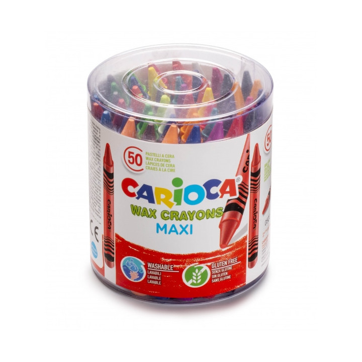Carioca Maxi Pack de 50 Ceras Jumbo - Colores Brillantes - Lavables - Cuerpo de Ø 12mm - Color Varios