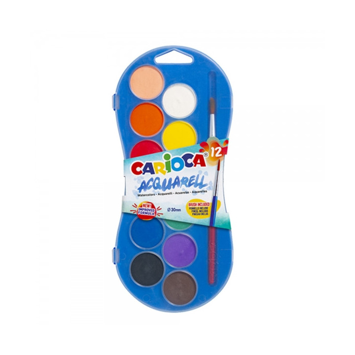 Carioca Acuarell Pack de 12 Acuarelas en Pastillas de Ø 30mm - Brillantes - Facilmente Mezclables - Colores Surtidos