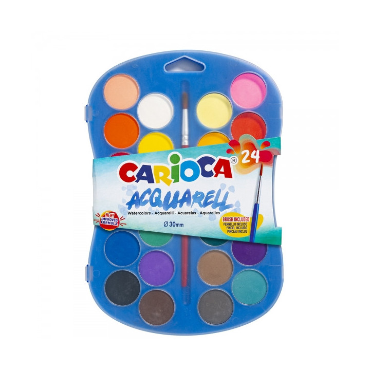 Carioca Acuarell Pack de 24 Acuarelas en Pastillas de Ø 30mm - Brillantes - Facilmente Mezclables - Colores Surtidos
