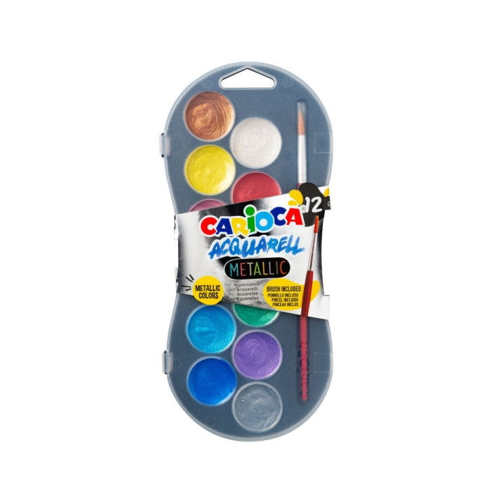 Carioca Acuarell Metallic Pack de 12 Acuarelas en Pastillas de Ø 30mm - Brillantes - Facilmente Mezclables - Colores Metallic