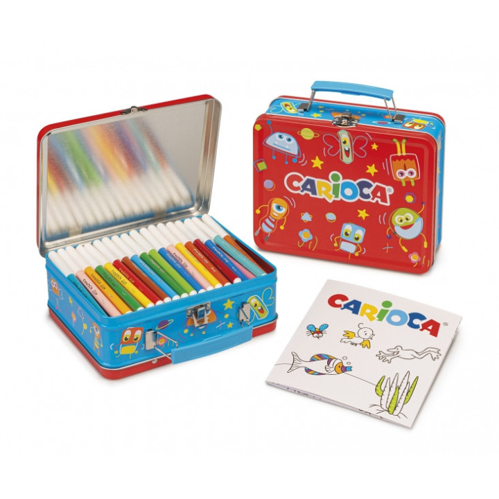 Carioca Pack de 100 Rotuladores Punta Fina y Tinta Superlavable - Caja de Metal - 1 Album para Colorear - Dedicado a Pequeños