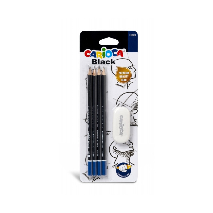 Carioca Blister de 4 Lapices de Grafito Black HB + Goma - Faciles de Borrar y Sacar Punta - Cuerpo Triangular Agradable al Tact
