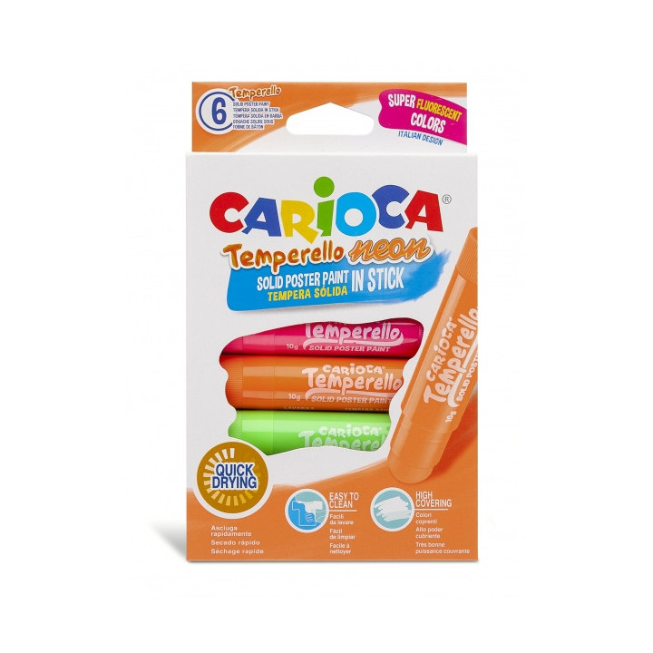 Carioca Temperello Neon Pack de 6 Temperas Solidas - Colores Brillantes y Lavables - Gran Cobertura - Faciles de Mezclar - sin