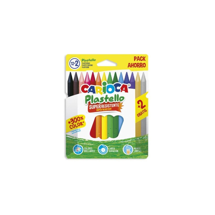 Carioca Plastello Pack de 12+2 Plasticeras  - Extra Limpias - No Dejan Color en las Manos - Faciles de Afilar - Colores Surtido