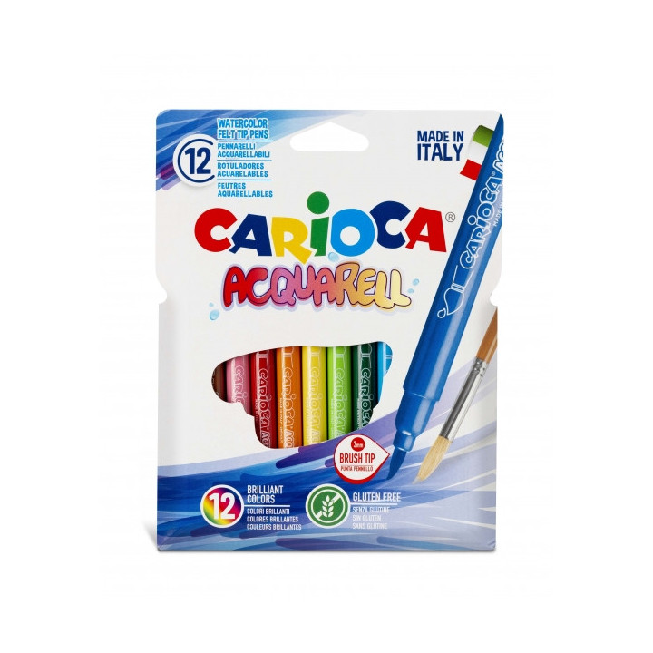 Carioca Acquarell Pack de 12 Rotuladores Acuarelables - Punta Pincel Bloqueada - Tinta Lavable - Colores Difuminables con Agua