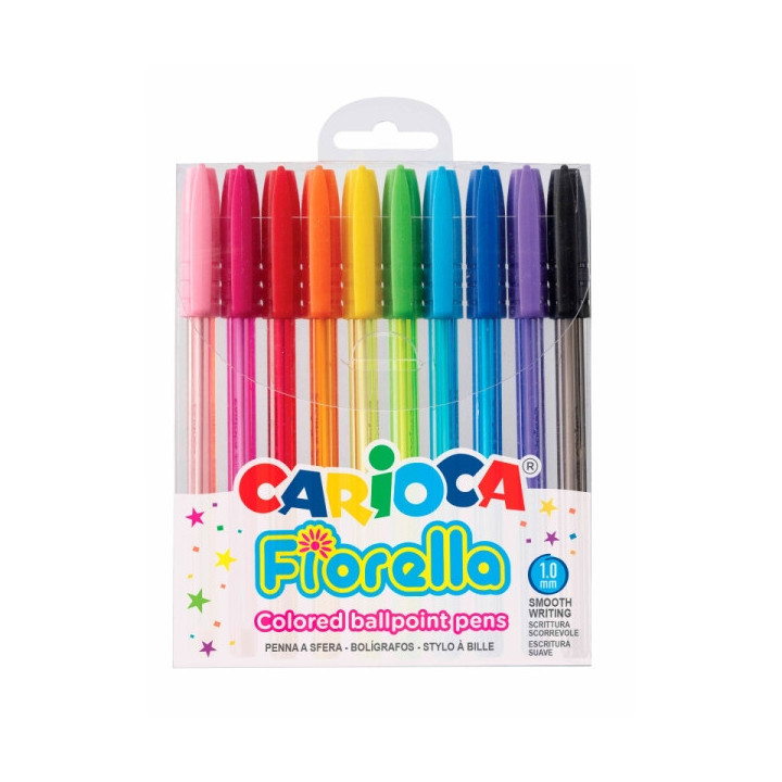 Carioca Fiorella Pack de 10 Boligrafos de Colores Tinta Gel - Punta de Bola 1mm - Cuerpo Transparente Fluo - Colores Surtidos